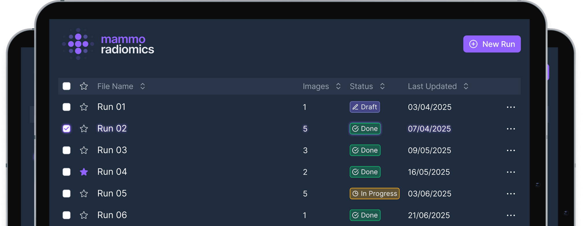 MammoRadiomics dashboard showing run management interface